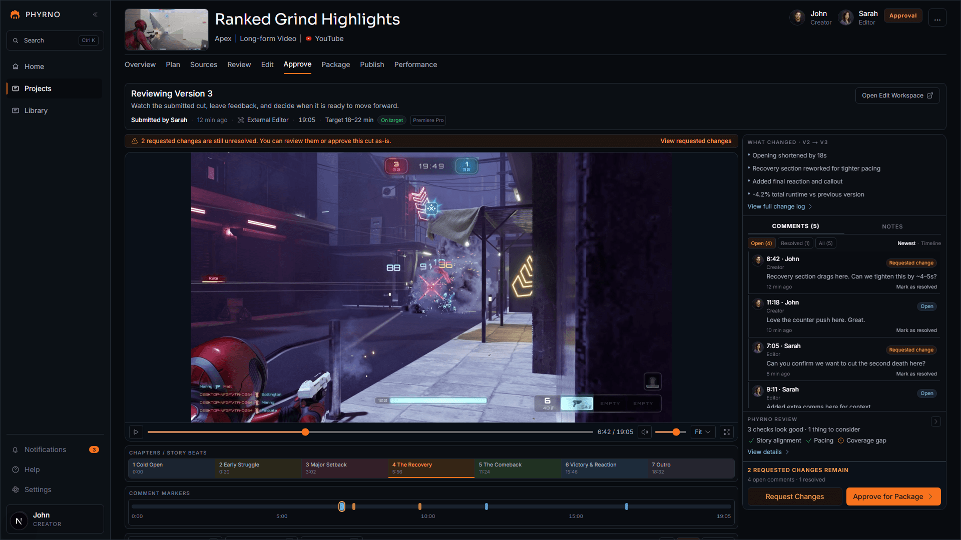 PHYRNO Approve workspace showing version review, time-based comments, requested changes, and approval controls.