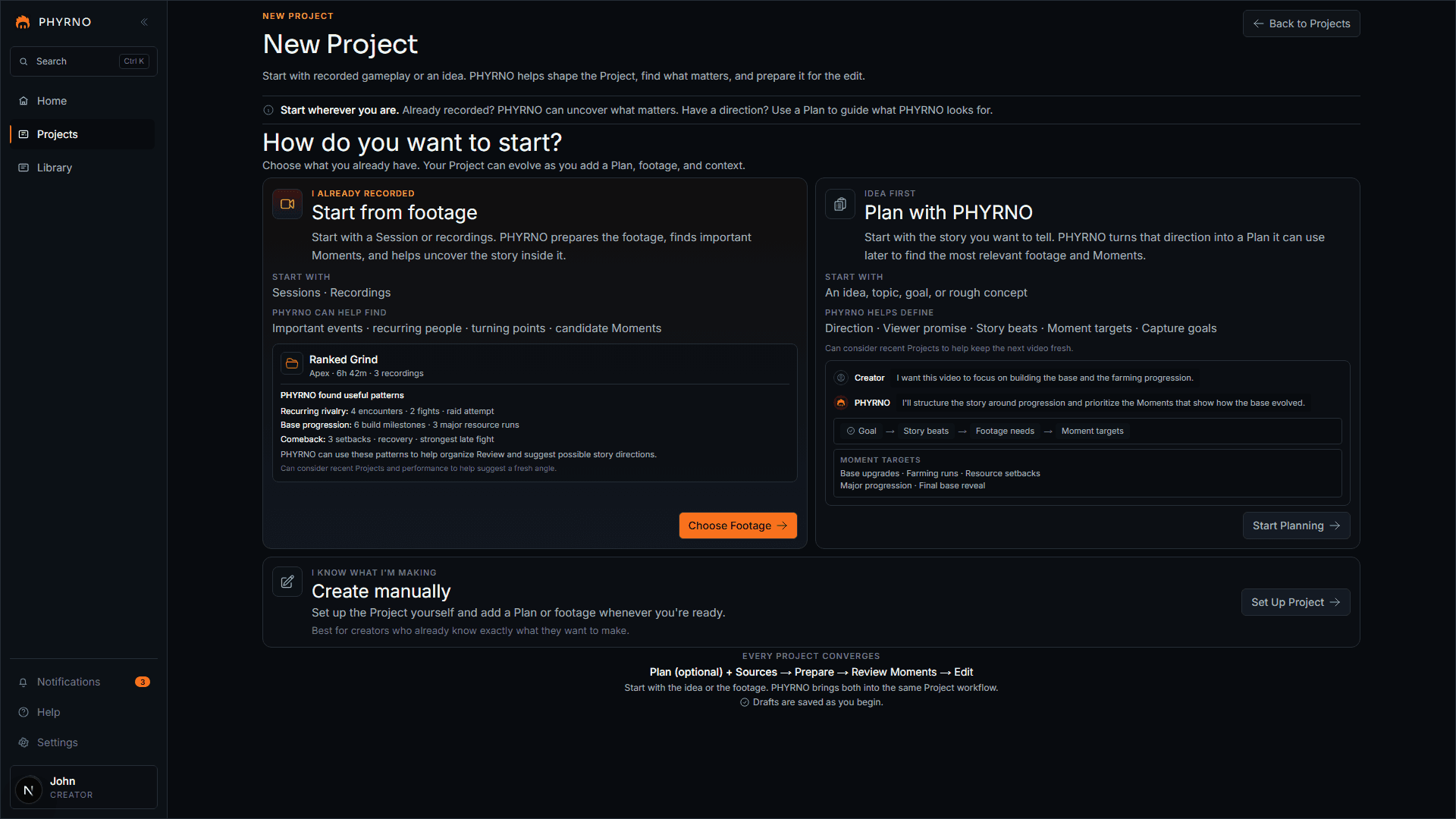 PHYRNO new Project screen showing Start from footage, Plan with PHYRNO, and Create manually options.